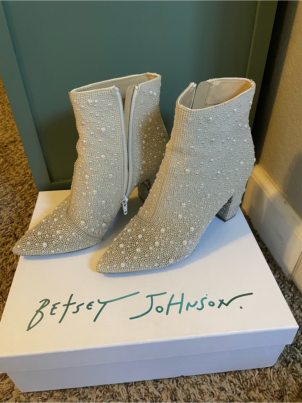 Betsey Johnson Ivory Pearl-Embellished Pointed Ankle Booties